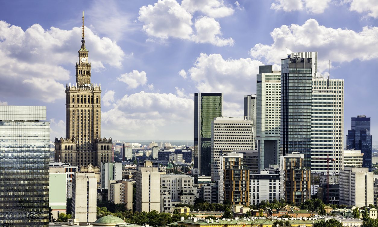 Warsaw business district at sunny day. Aerial View.